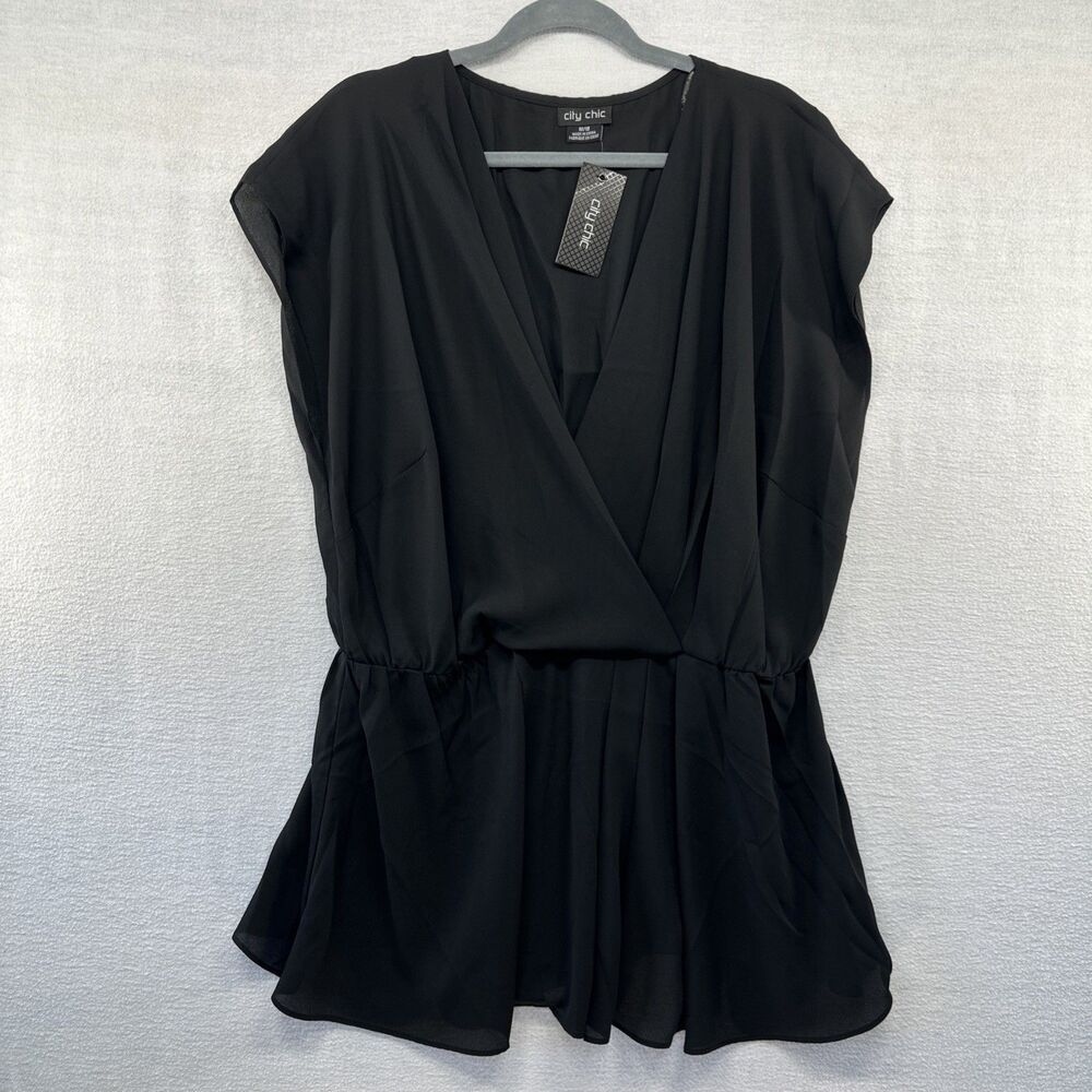 NWT City Chic Top Womens M Shirt Short Cap Sleeve Peplum Crossover Black Blouse